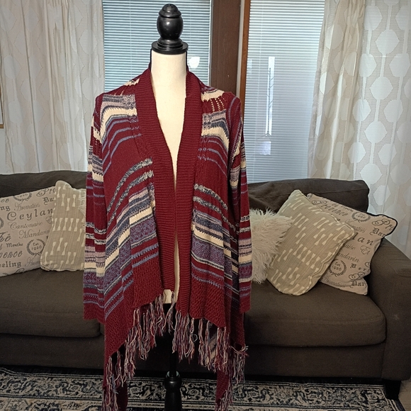 Charlotte Russe Long Sleeve Fringe Waterfall Cardigan - Dark Red and Blue - Picture 1 of 5